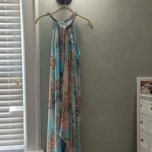 Calvin Klein pale blue and dusty pink floral maxi dress